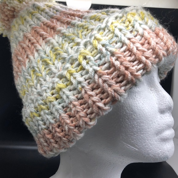 CHUNKY Ribbed Double Strand Hand Knit Marble Roll Cuff Pom Beanie Hat main image 5